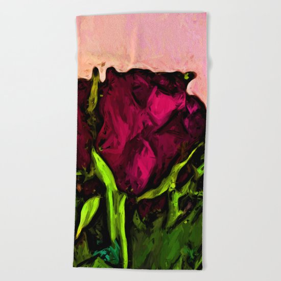 Red Rose with Green Leaves Beach Towel