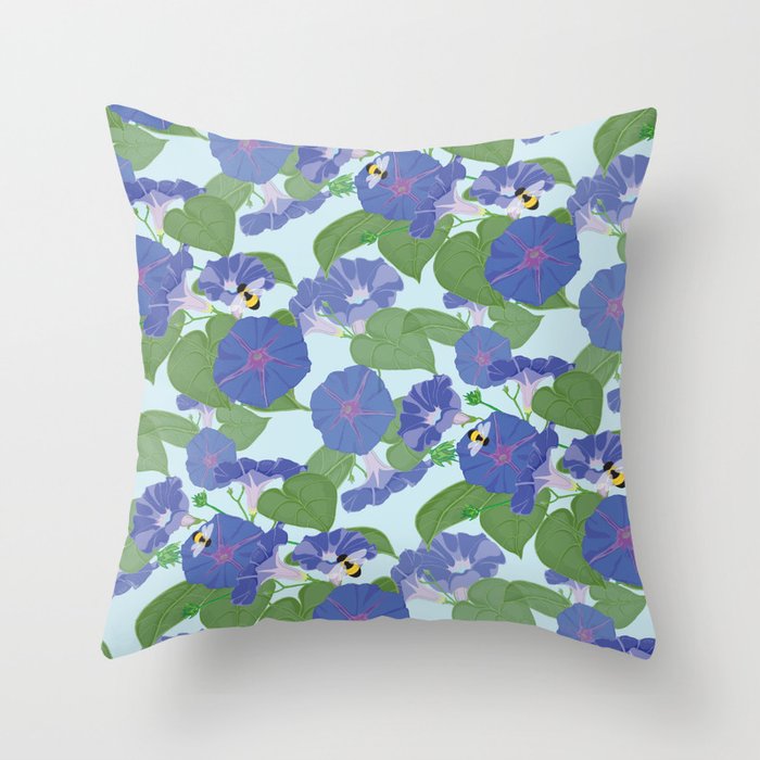 Glory Bee - Vintage Floral Morning Glories and Bumble Bees Throw Pillow