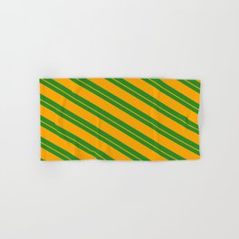[ Thumbnail: Forest Green and Orange Colored Pattern of Stripes Hand & Bath Towel ]