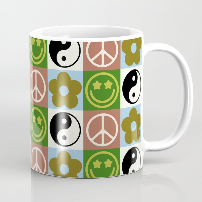 Checked Symbols Pattern (SMILEY FACE \ YIN YANG \ PEACE SYMBOL \ FLOWER) Coffee Mug