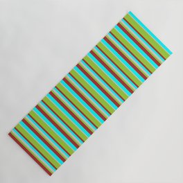 [ Thumbnail: Aqua, Brown, Green & Light Grey Colored Striped Pattern Yoga Mat ]