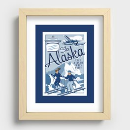 Vintage Style Ski Alaska Travel Poster // Skiing Adventure // Man and Woman Skiers // Navy, Slate, Blue, White Recessed Framed Print