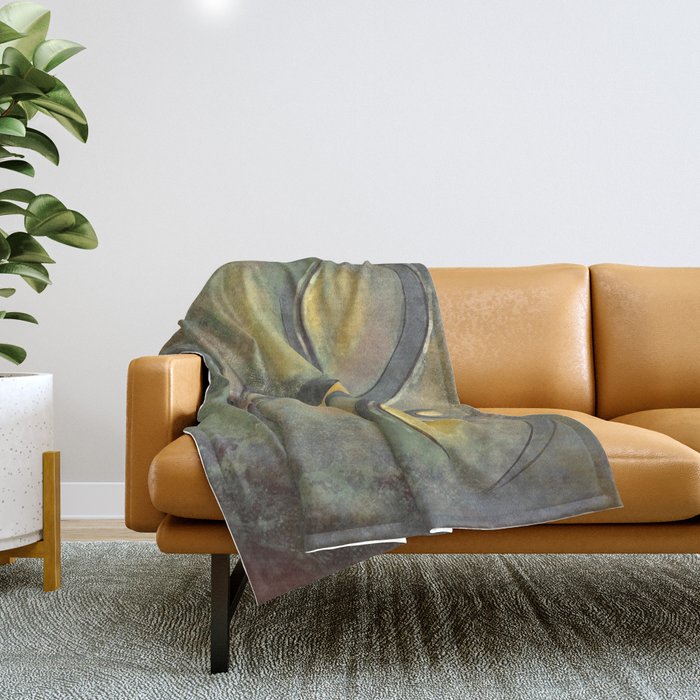 Rusty Golden Buddha Face - Zen and Balance Watercolor Painting Throw Blanket
