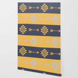 Aztec pattern - navy blue, yellow, light blue Wallpaper