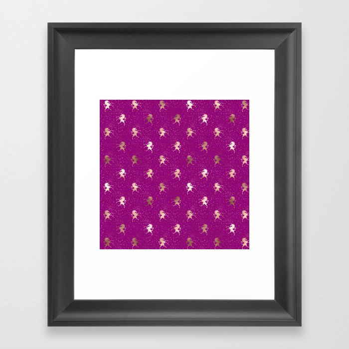 Dark Purple Rose Gold Unicorn Pattern Framed Art Print By