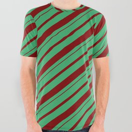 [ Thumbnail: Sea Green & Maroon Colored Lines Pattern All Over Graphic Tee ]
