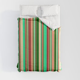 [ Thumbnail: Eye-catching Brown, Green, Beige, Dark Green & Light Salmon Colored Lined/Striped Pattern Duvet Cover ]