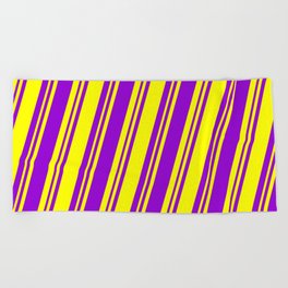 [ Thumbnail: Yellow & Dark Violet Colored Lined Pattern Beach Towel ]