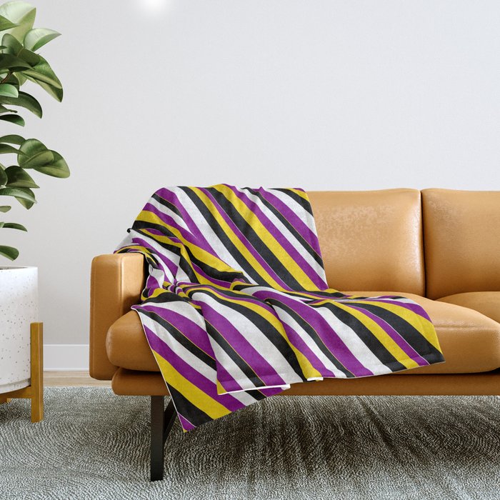 White, Purple, Yellow, and Black Colored Striped Pattern Throw Blanket