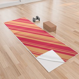 [ Thumbnail: Brown and Crimson Colored Stripes/Lines Pattern Yoga Towel ]