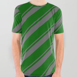 [ Thumbnail: Dim Grey & Dark Green Colored Lined Pattern All Over Graphic Tee ]