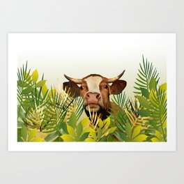 Cow looking between leaves Art Print