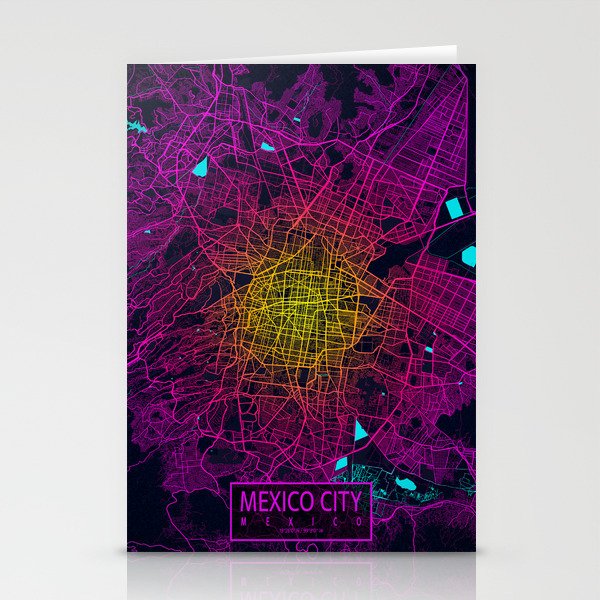 Mexico City Map - Neon Stationery Cards