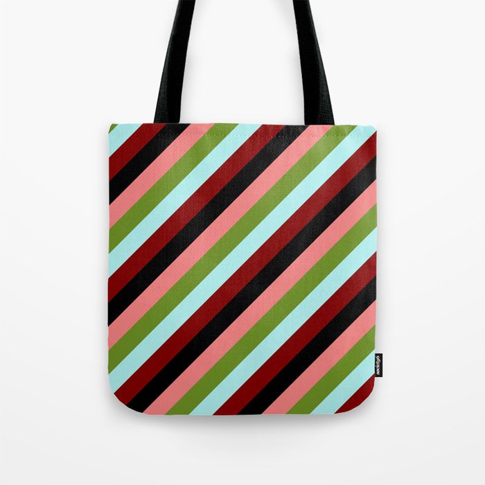 Eyecatching Light Coral, Green, Turquoise, Maroon & Black Colored Striped/Lined Pattern Tote Bag
