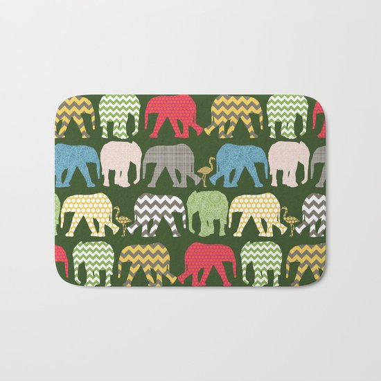 baby elephants and flamingos green Bath Mat