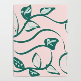 Green Leaves Pink Background Abstract Vector Art Poster