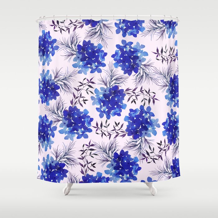 Watercolor lilac lavender blue hortensia floral leaves Shower Curtain