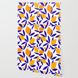 Blue and yellow Lemon Summery Pattern Wallpaper