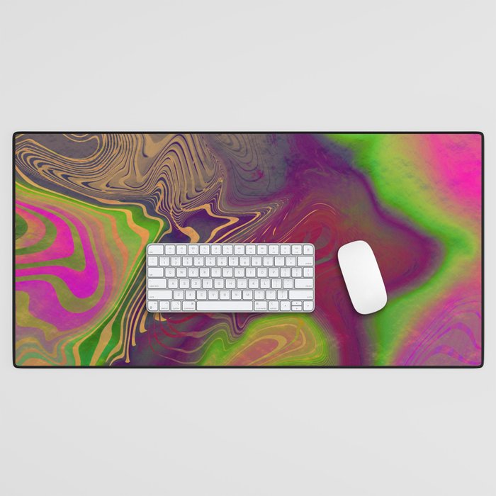 Multicolored neon psychedelic abstract digital art with distorted lines and metallic texture.  Desk Mat