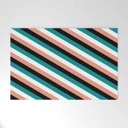 [ Thumbnail: Dark Salmon, Black, Dark Cyan, and White Colored Lines/Stripes Pattern Welcome Mat ]