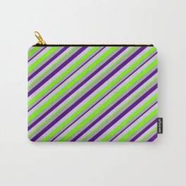 [ Thumbnail: Dark Grey, Indigo, Light Grey, and Green Colored Lines Pattern Carry-All Pouch ]