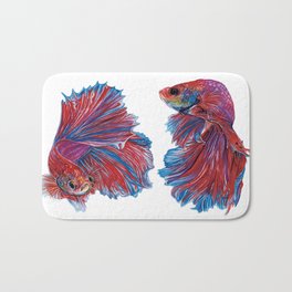 Ocean Theme- Red Blue Betta fish Watercolor Painting Bath Mat