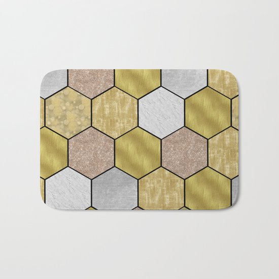 Golden honeycomb on black geometric Bath Mat