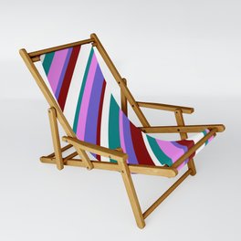 [ Thumbnail: Vibrant Teal, Violet, Slate Blue, Maroon & White Colored Pattern of Stripes Sling Chair ]