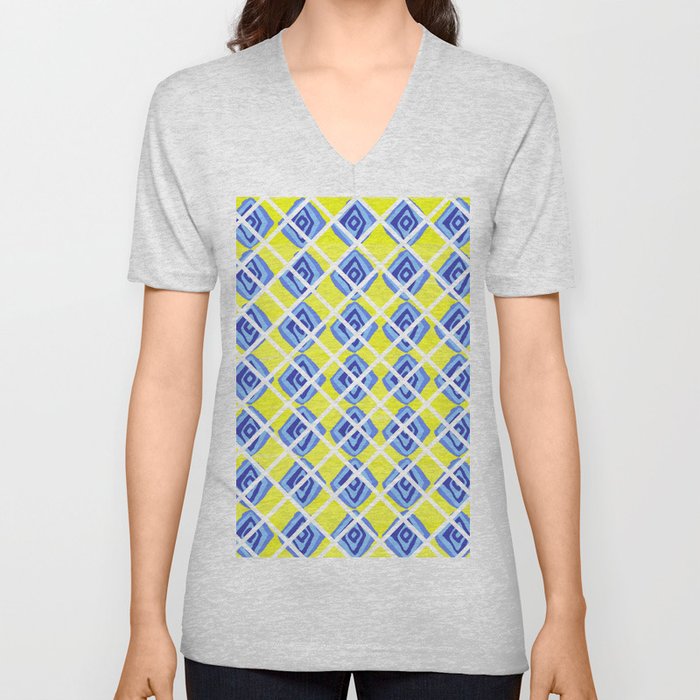 Hand Drawn Lemon Yellow Blue Diamond Argyle Pattern V Neck T Shirt