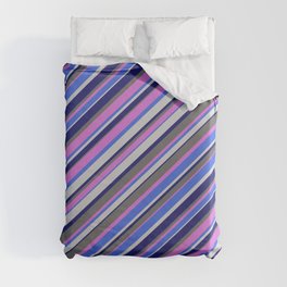 [ Thumbnail: Orchid, Royal Blue, Light Gray, Midnight Blue & Dim Gray Colored Lined Pattern Duvet Cover ]