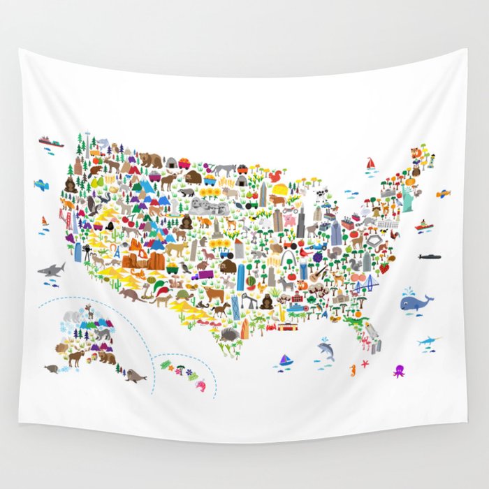 Animal Map of United States for children and kids Wall Tapestry by