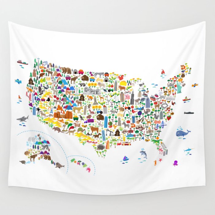 Animal Map of United States for children and kids Wall Tapestry