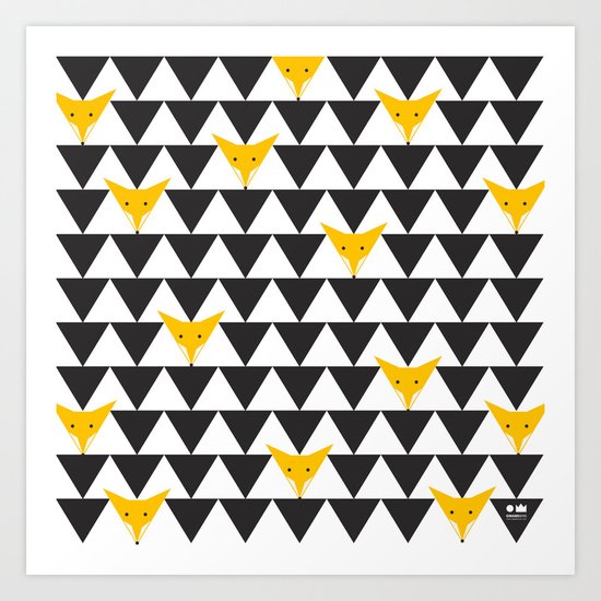 TRIANGLE HIDDEN FOXES PATTERN in black, white and orange Art Print