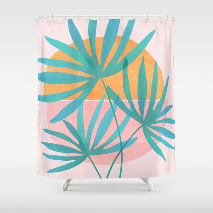 Teal and Pink Retro Sunset Palms Shower Curtain