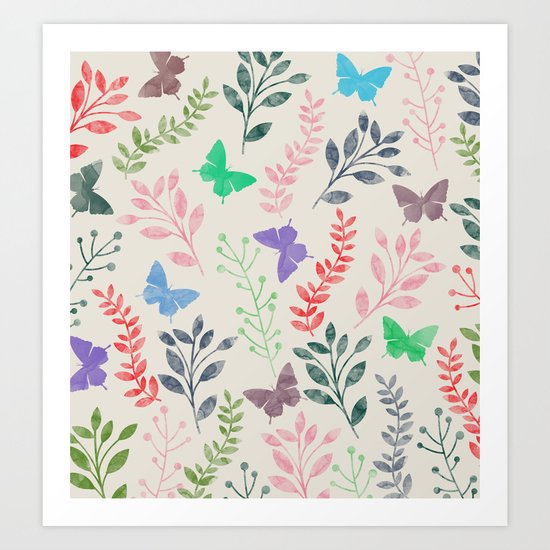 Watercolor flowers & butterflies Art Print