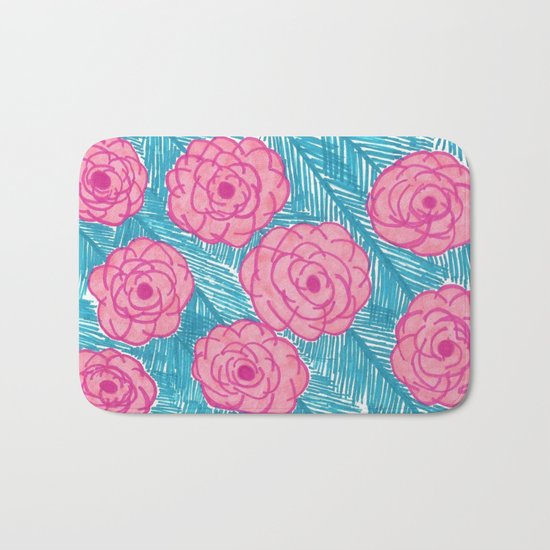 Tropical Palm Leaves and Roses Print Bath Mat