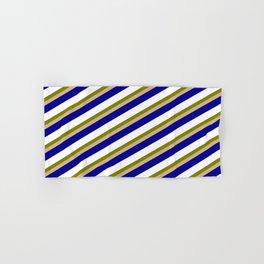 [ Thumbnail: Green, Tan, Dark Blue, and White Colored Stripes/Lines Pattern Hand & Bath Towel ]