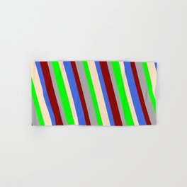 [ Thumbnail: Vibrant Bisque, Lime, Dark Gray, Dark Red, and Royal Blue Colored Stripes Pattern Hand & Bath Towel ]