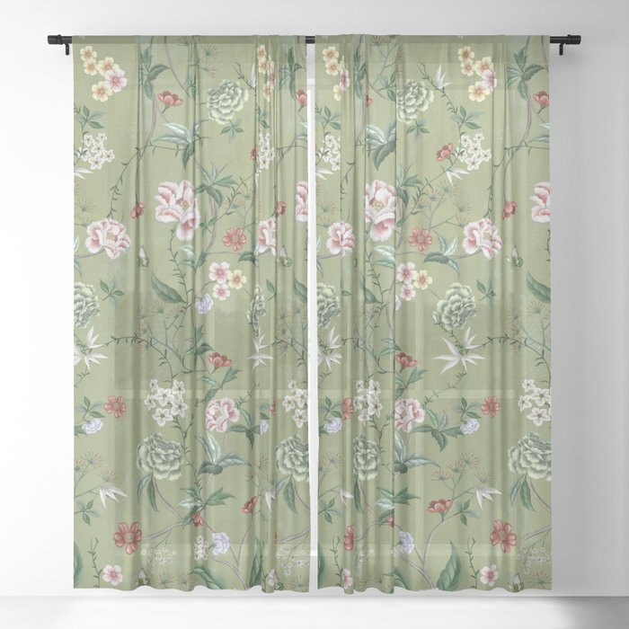 Chinoiserie Regency green, florals Sheer Curtain