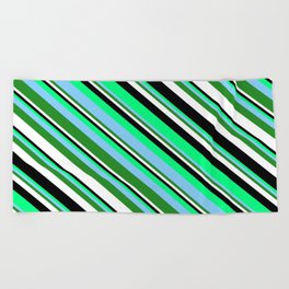 [ Thumbnail: Eyecatching Green, Light Sky Blue, Forest Green, White, and Black Colored Lines Pattern Beach Towel ]