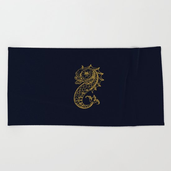 The gold seahorse- Navy blue maritime print with gold ornament Beach Towel