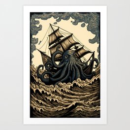 Vintage Kraken Ship Art Print