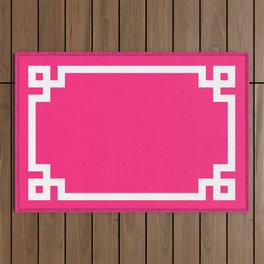 Light Hot Pink and White Greek Key Outdoor Rug