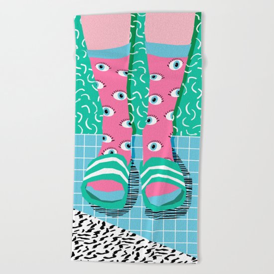 Chillax - memphis throwback style retro classic 1980s 80s grid pattern socks fashion apparel Beach Towel