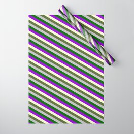 [ Thumbnail: Grey, Dark Green, Dark Violet, Light Yellow & Dark Olive Green Colored Stripes Pattern Wrapping Paper ]