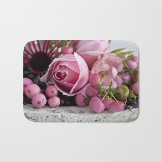 soft pink rose and berry still life Bath Mat