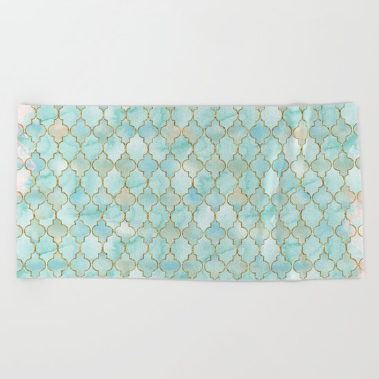 Luxury Aqua and Pink and Gold oriental pattern Beach Towel