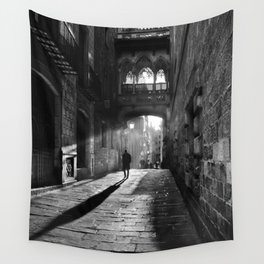 Rays of sun; European cobblestone cityscape black and white photograph / photography Wall Tapestry