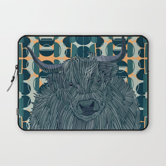 Highlands cow with a green and orange patterned background Laptop Sleeve