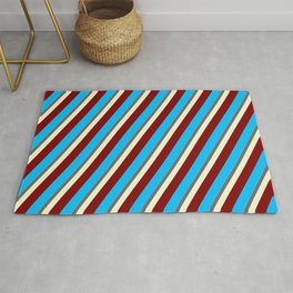 [ Thumbnail: Eyecatching Sky Blue, Dim Grey, Light Yellow, Maroon, and Deep Sky Blue Colored Lined Pattern Rug ]